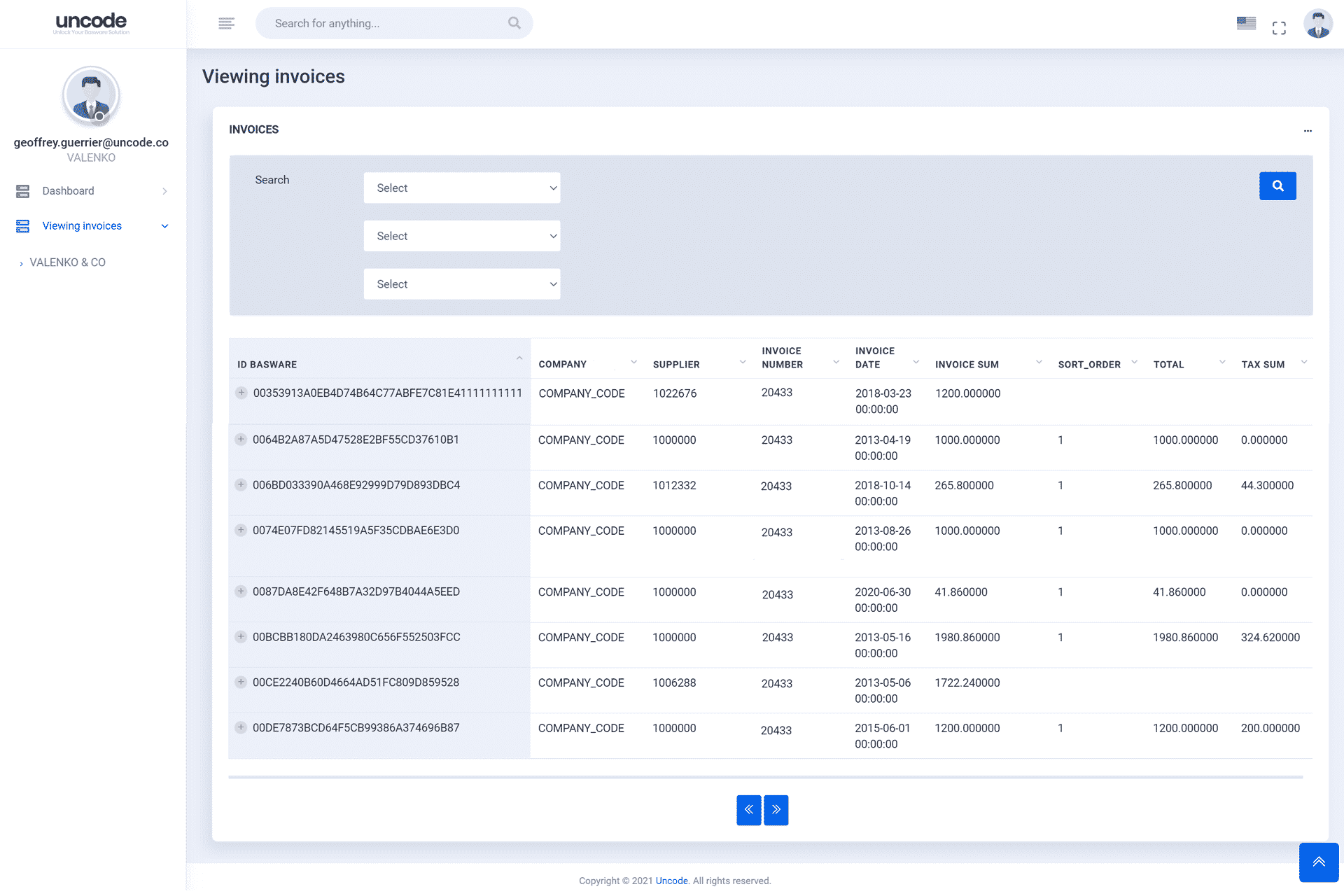 Uncode Invoice Archive - Invoice List BasWare Application