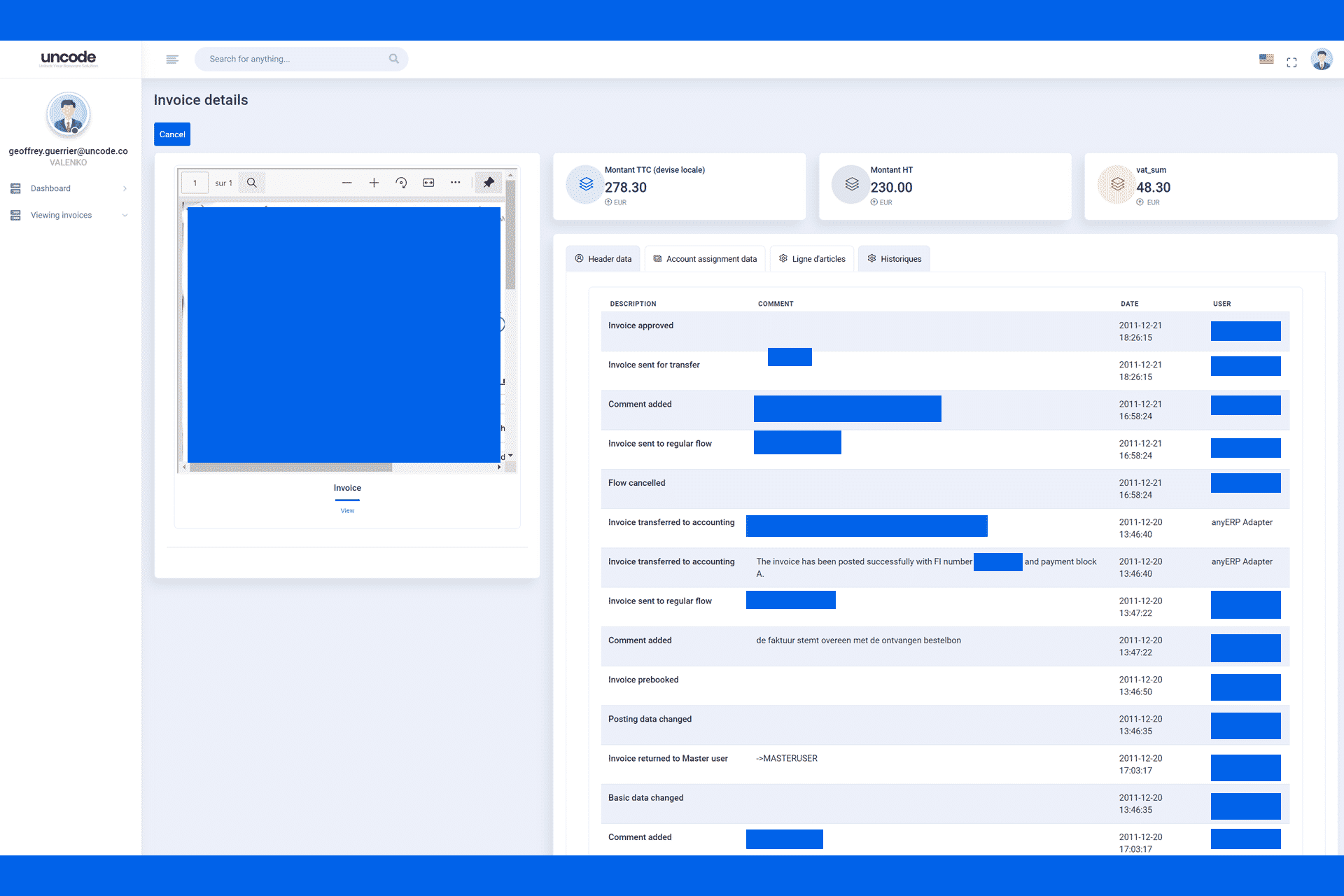 Uncode Invoice Archive - Invoice Audit Trail Data BasWare Application